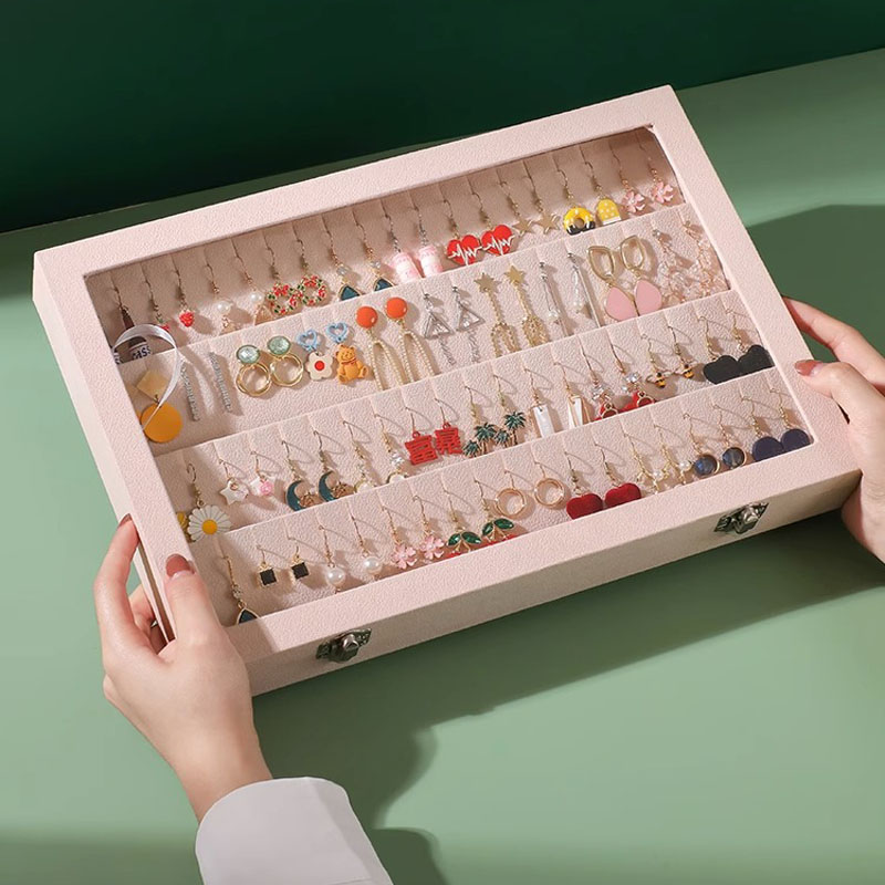 Boîte de rangement pour boucles d'oreilles, couvercle transparent en velours, 32 paires de boucles d'oreilles, plateau à clous, vitrine