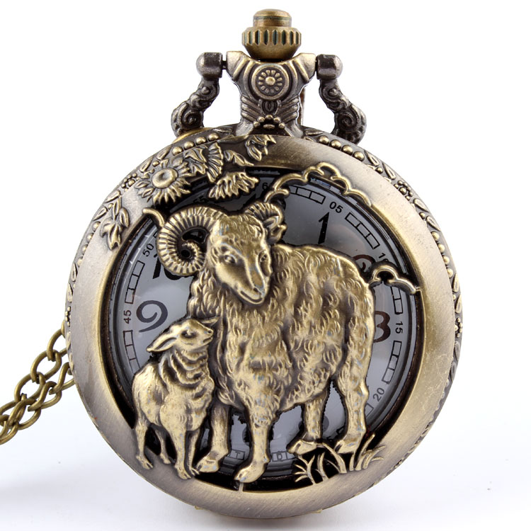 Retro Bronze Wolf Hollow Quartz Pocket Watch Mens Women Necklace Pendant FOB Chain Steampunk Pocket Watches: sheep