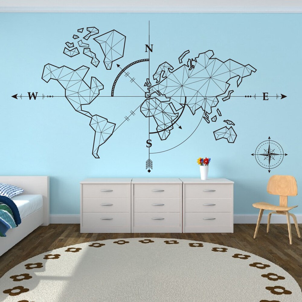 Large World Map Compass Earth Wall Sticker Office Classroom Travel Global Exploration Adventure Decals Vinyl Art Décor
