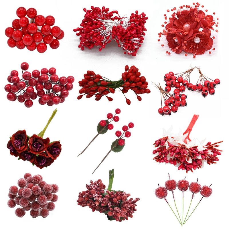Lot de 1 assortiment de baies de cerisier | Rouge, bricolage, boîte de gâteau de mariage, couronne, décoration de noël du nouvel an