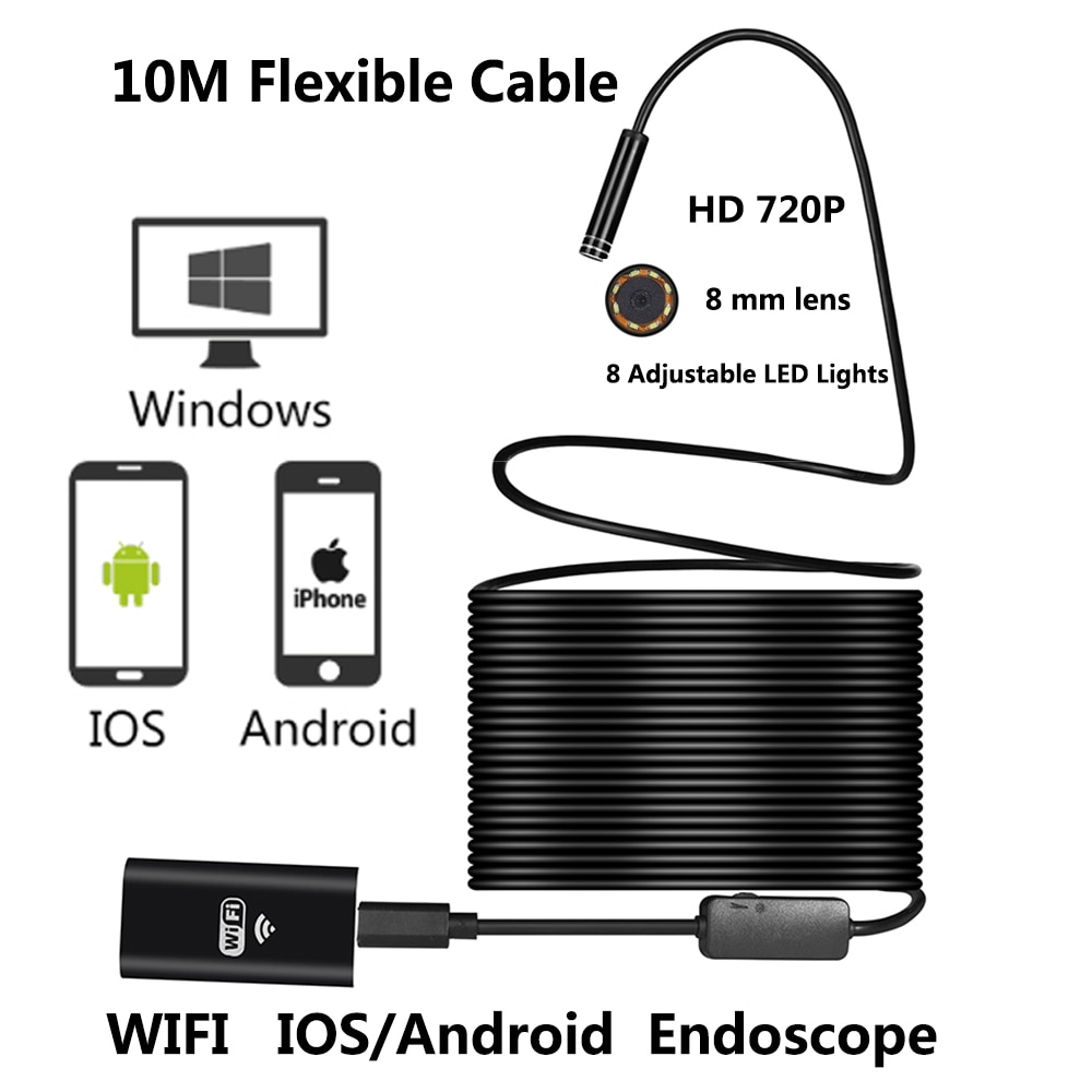 5M/10M WIFI Endoscope Camera 8mm Lens 2MP 720P Snake USB Flexible Hard Wire Android IOS PC 8LED Inspection Endoscope Camera