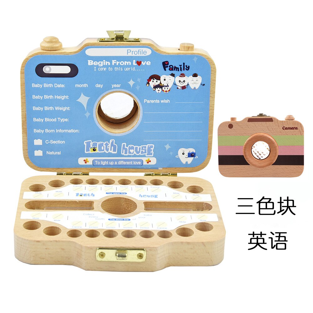 Baby houten tandendoos organizer melktanden opslag camera doos japans engels tanden verzamelen navelstreng bewaren baby tandendoos: Blok-engels