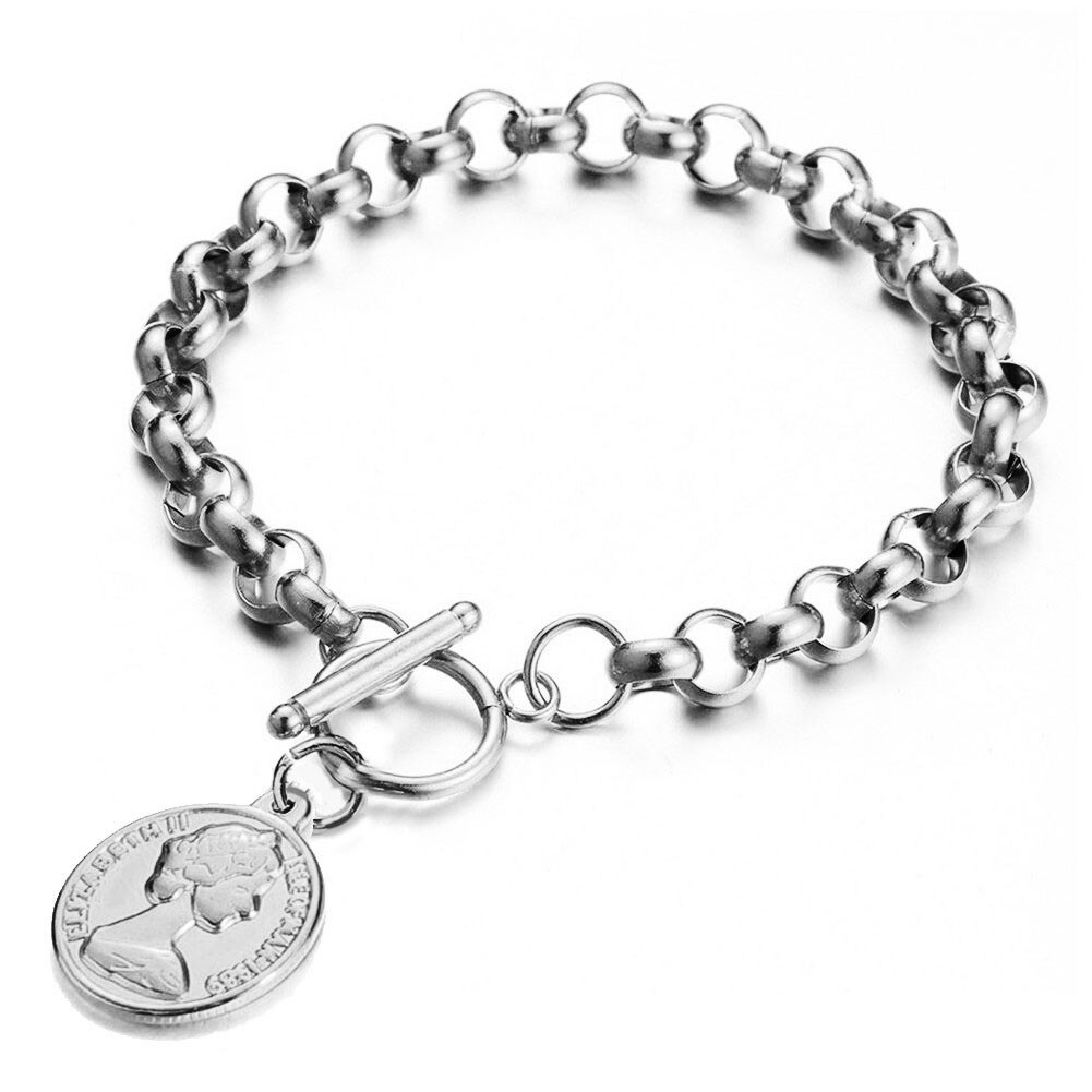 Moda ot fivela moeda beleza cabeça encantos pulseiras de aço inoxidável osso corrente link alternância pulseira para jóias femininas: Silver Color