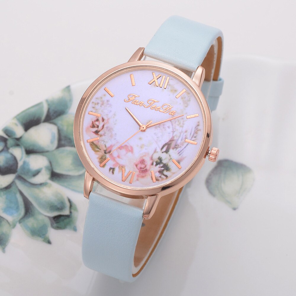 Dames Horloges Vrouwen Gedrukt Bloem Polshorloge Luxe Casual Quartz Lederen Polshorloge Mode Vrouwelijke Jurk Klok