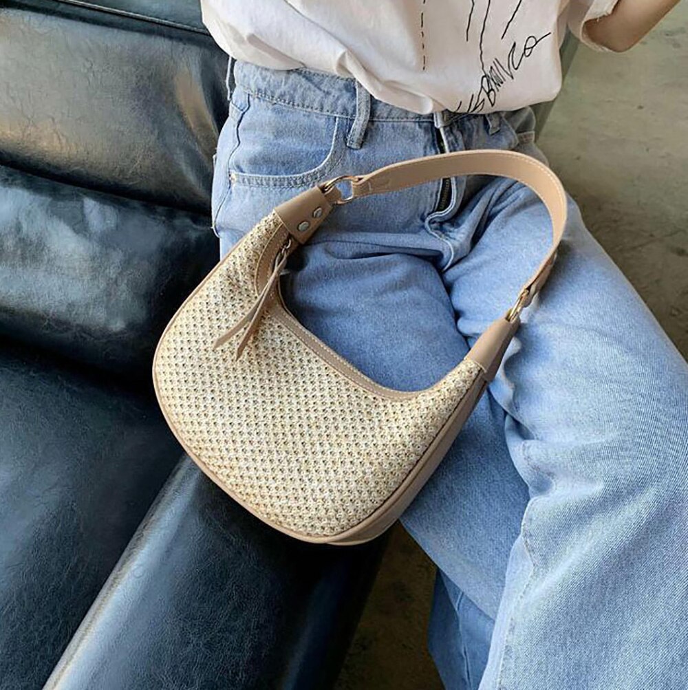 Anokhogi volledig gras geweven patchwork vrouwelijke schoudertas kleurrijke brede schouderband handtas  zx90