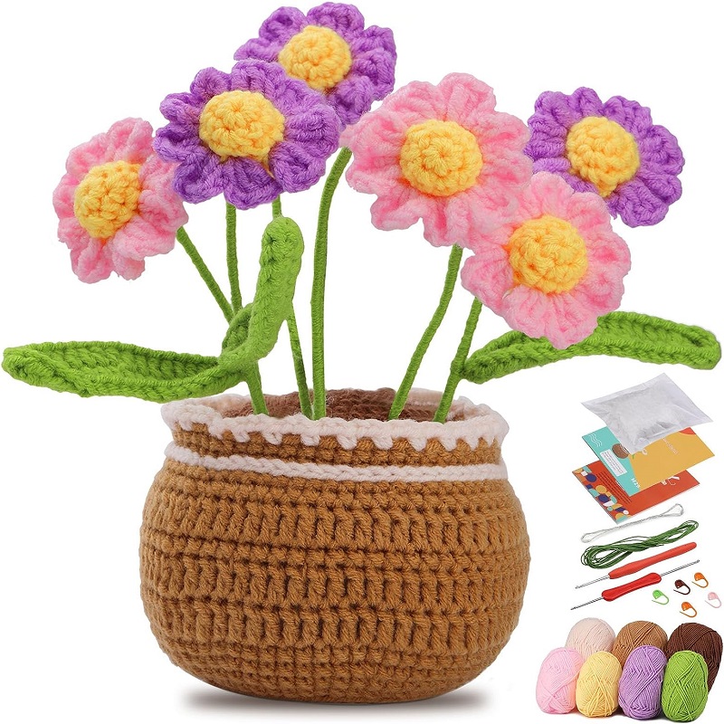 Kit de punto de ganchillo en maceta de flores para principiantes completos, principiantes, tutorial de Video paso a paso
