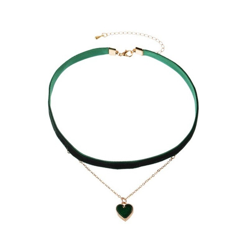 Collier ras du cou en velours noir pour femmes, pendentif d'amour, Double chaîne courte, barre ras du cou, bijoux ,: green 7710