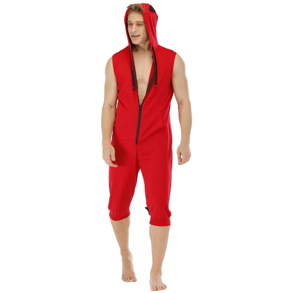 Summer Hooded Jumpsuit Pajamas For Men Short Sleeve Sleep Suit Onesie For Adults