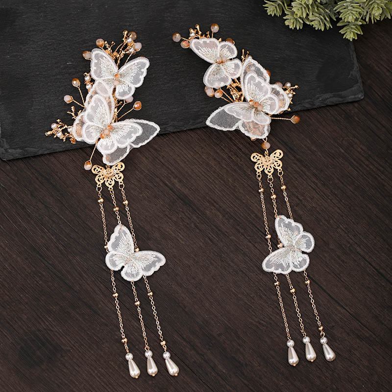 Chinese Hanfu Dress Hairpins Clips Hair Combs Ear Clips Jewelry Set Butterfly Flower Step Shake Long Tassel Headpieces