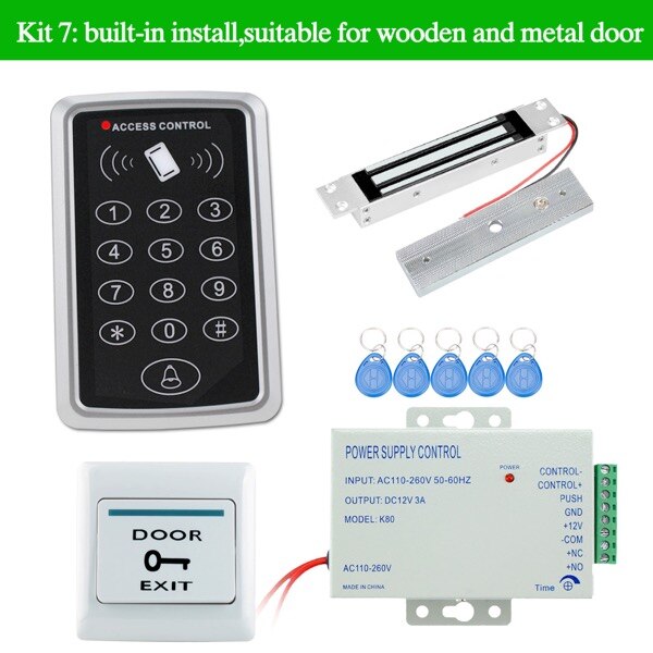Waterproof RFID Access Controller T11+Electric Control Lock+3A/12V Power Supply+Exit Button+5pcs Key Cards+Door Holder+Bracket: T11Kit7