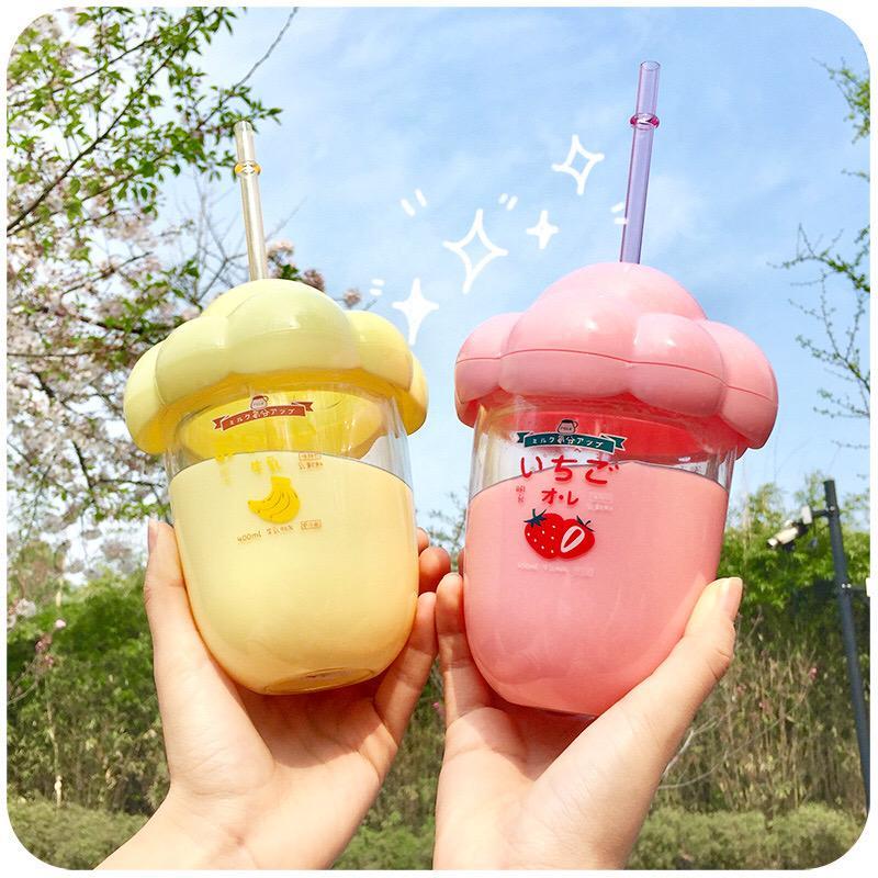 350Ml Plastic Waterfles Cartoon Fruit Snacks Patroon Strokop Draagbare Drinkfles Cloud Vorm Cup Deksel Meisje