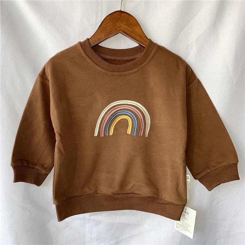 Efterår baby piger broderi regnbue sweatshirts langærmede toppe børn småbørn drenge pullover sweatshirt regnbue t-shirt tøj: Brun / 80cm 12m