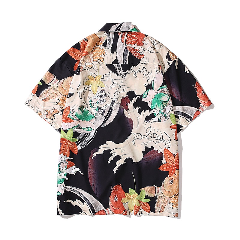 Moda zwykły retro koszule męskie lato biodro chmiel brokat karp wydrukować męskie koszule z krótkim rękawem Streetwear Harajuku para odzież