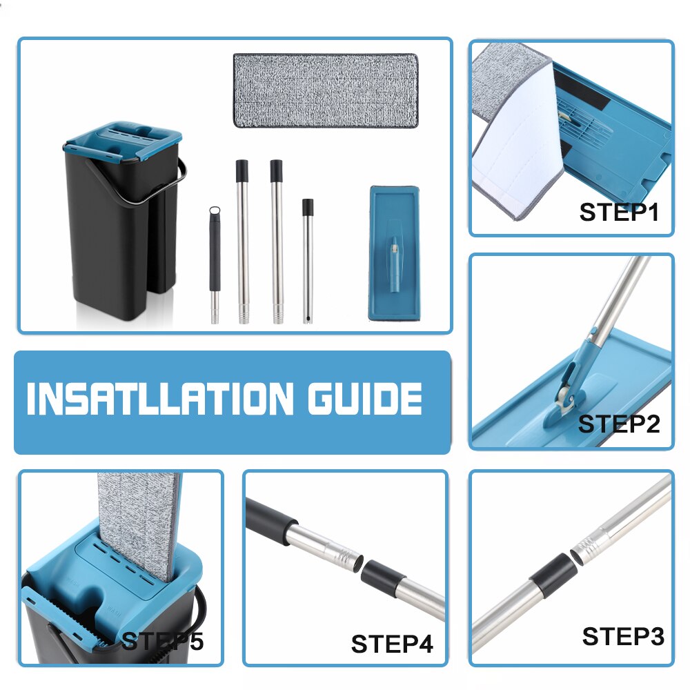 Hands Free Squeeze Mop with Bucket Home Kitchen Floor Mop 360 Rotating Flat Mop Lazy Mops Household Cleaning Tool