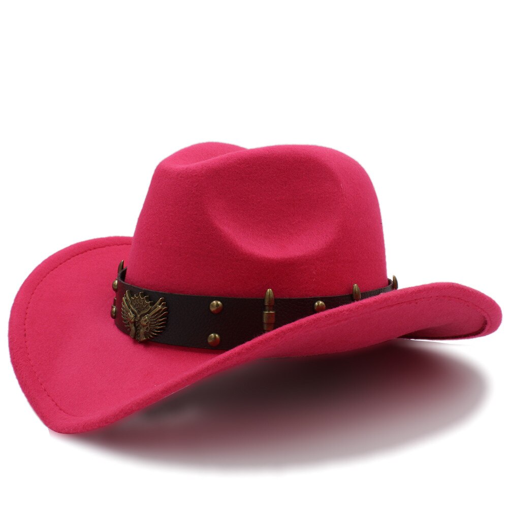 Kvinde sort uld chapeu western cowboy hat jazz sombrero hombre kasket dame cowgirl hatte str. 56-58 cm: Rosenrød