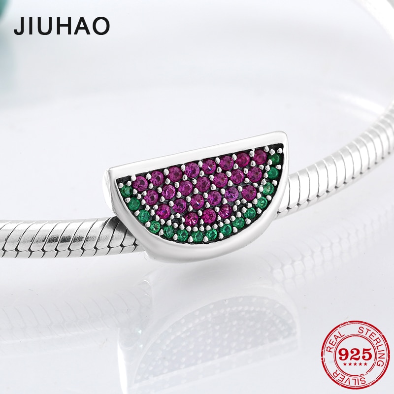 925 Sterling Silver pink and green CZ Half a watermelon beads Fit Original JIUHAO Charm Bracelet Jewelry making