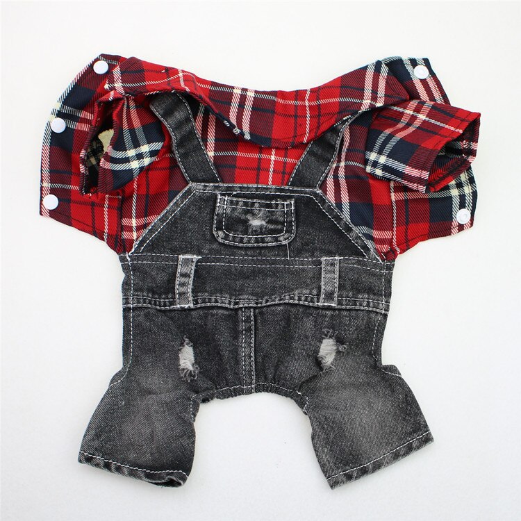 Kæledyrstøj bamse bichon hund firbenet stort plaid denim jumpsuit forår og efterår vintertøj