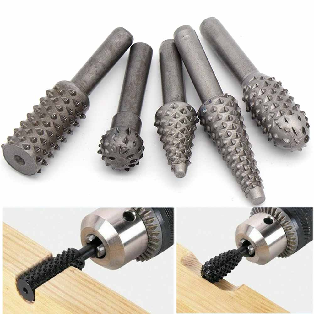 5pcs Woodworking Steel Rotary Rasp File 1/4" Shank Rotor Craft Files Rasp Burrs Wood Bits Grinding Power Carving Hand Tool
