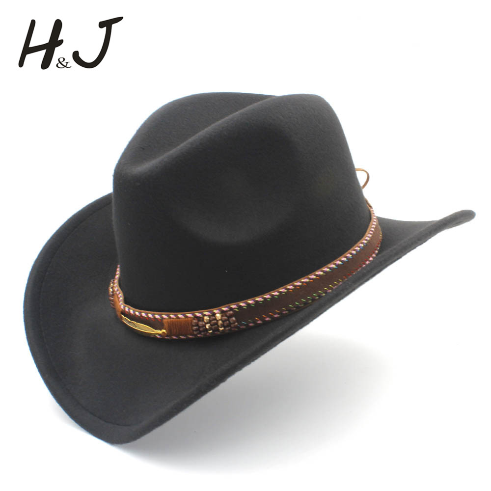 Menns ull vestlig cowboyhatt til herre dame vinter høst jazz cowgirl cloche sombrero caps med belte