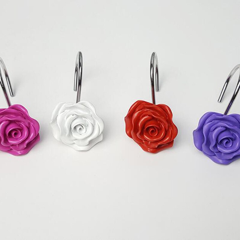 Useful 12pcs Rose Flower Resin Shower Curtain Hook Hand Crafted Decorative Shower Curtain Track Hooks Bathroom Room