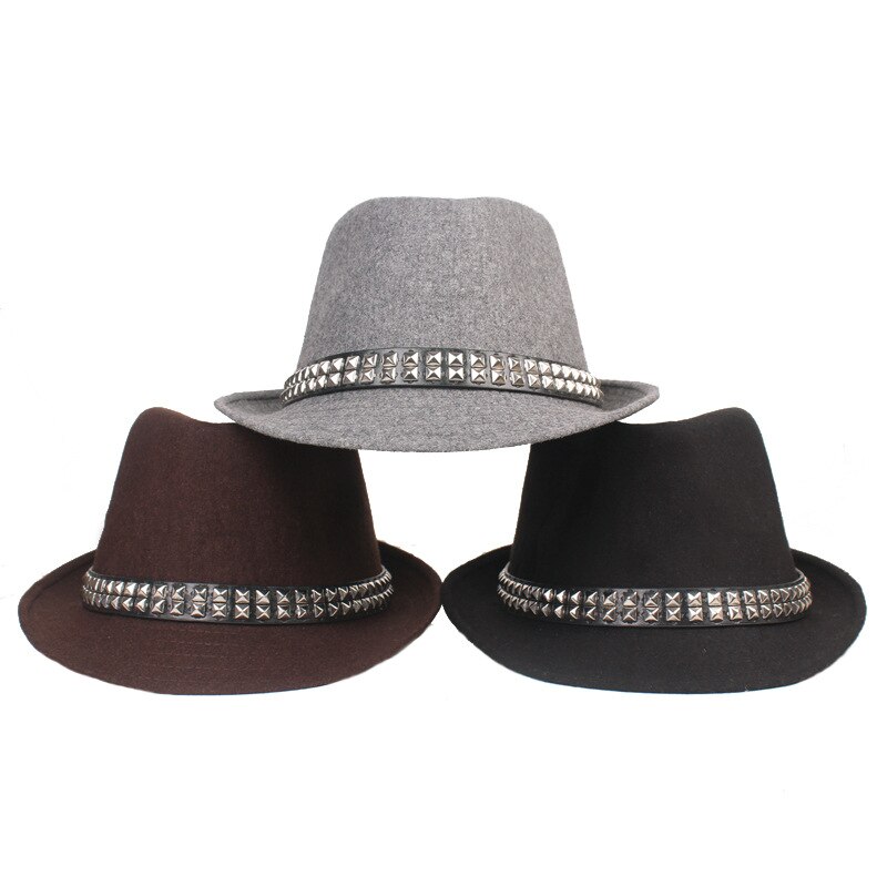 QBHAT-Sombrero de ala corta con remaches para hombre, sombrero de lana con banda de remache, fieltro, Jazz, Trilby, protección solar, para exteriores