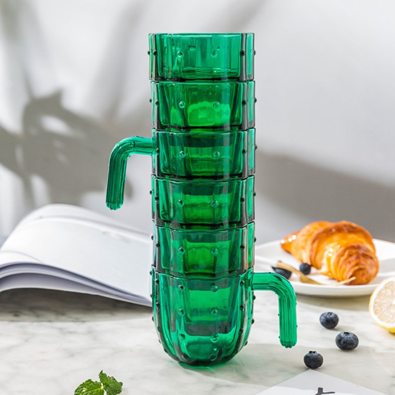 Juego de tazas de vidrio apilables con forma de Cactus, vasos verdes para zumo, café, té, para beber, 6 unids/set