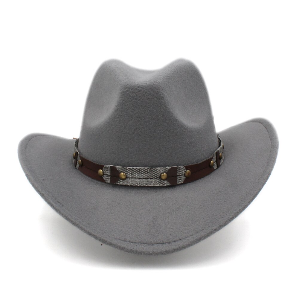 Mistdawn-Sombrero de vaquero occidental clásico Retro Unisex, gorra de ala ancha con banda de cuero, tamaño 56-58cm: Gris