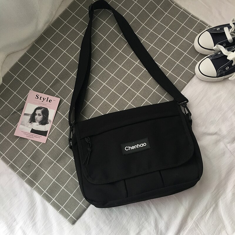 Sac messager en toile devil' s2020 pour femme, sac d'école à bandoulière simple, style coréen original: Tissu noir