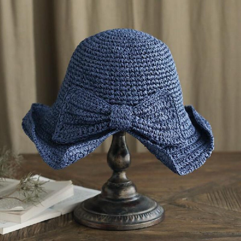 Handgemaakte 100% Raffia Boog Zonnehoed Brede Rand Floppy Zomer Hoeden Voor Vrouwen Beach Panama Stro Koepel Emmer Hoed femme Schaduw Hoed: navy