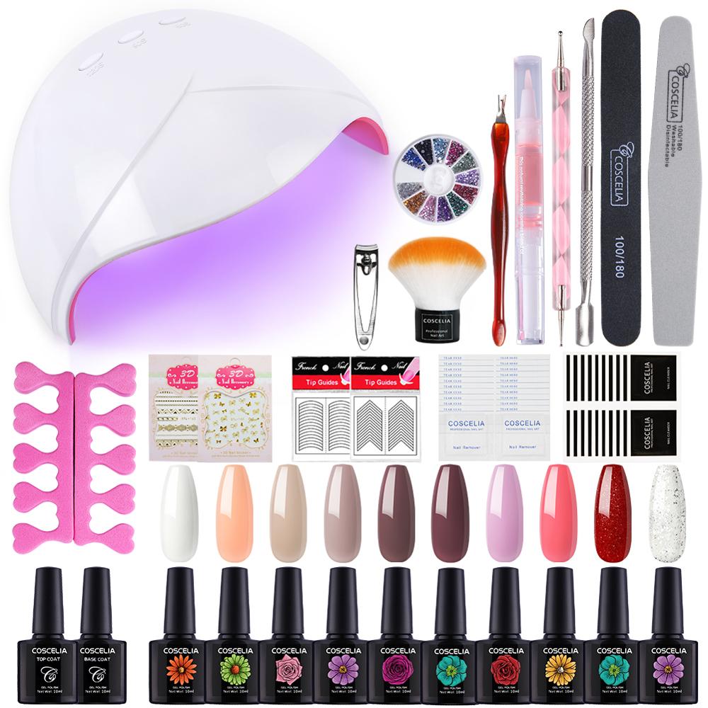 Coscelia neglesæt gel neglelak sæt med 36w uv led lampe 10/20 farver soak off manicure værktøj sæt negle kunst dekorationer: 10 stk sæt