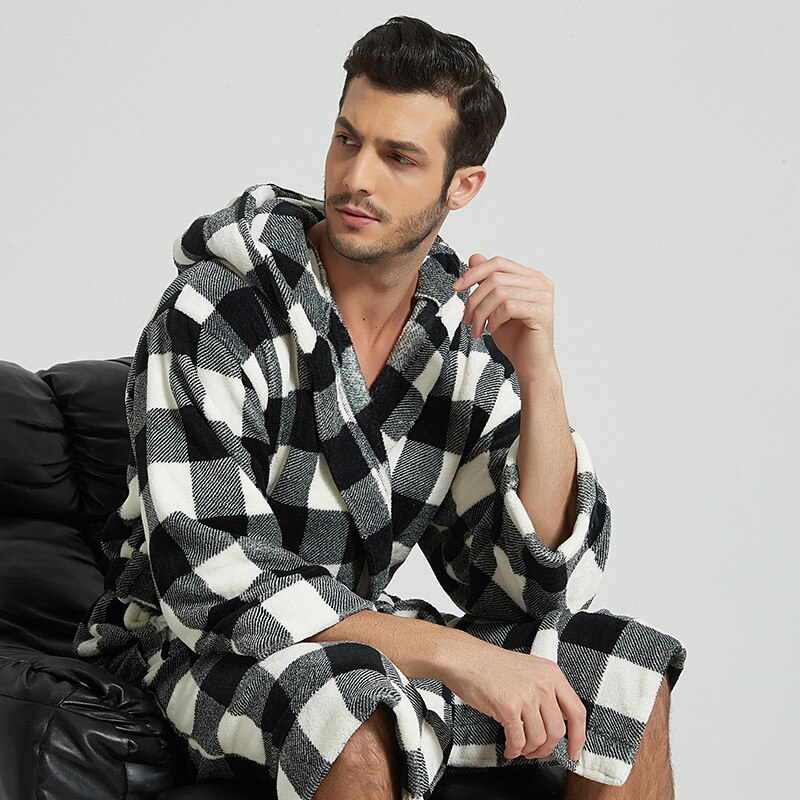 Bata de baño de franela con capucha para hombre y mujer, pijama de longitud media a cuadros, bata de dama de honor con cordón, Otoño e Invierno: Black Men / L
