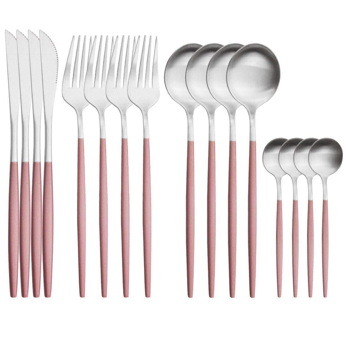 4Set/16Pcs Red Gold Dinnerware Cutlery Set Western Knives Fork Tea Spoon Dinner Tableware Stainless Steel Kitchen Silverware Set: Pink Silver