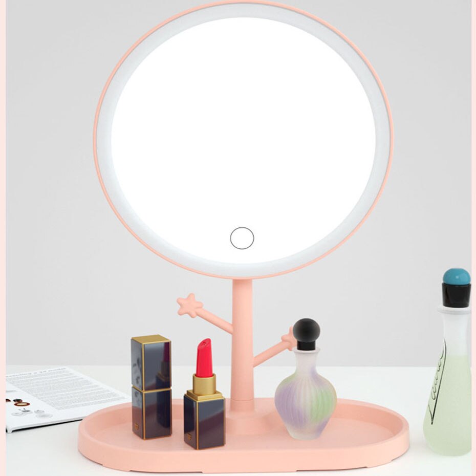 Led Make-Up Spiegel Met Licht Dames Make-Up Lamp Met Opslag Desktop Roterende Spiegel Ronde Vorm Cosmetische Spiegels