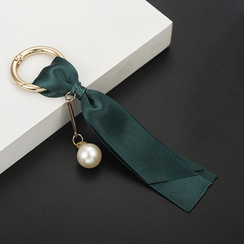 Handmade Women's Bag Jewelry Pendant Car Key Ring Pearls Detachable Korean Ribbon DIY Accessories Silk Keychain: green