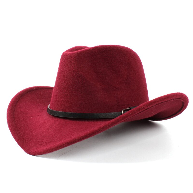 Vintage uld kvinders mænds vestlige cowboy hat til gentleman lady vinter jazz cowgirl wide brim church sombrero caps størrelse 56-57cm: Rødvin