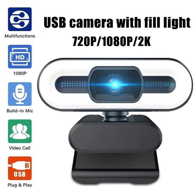 USB Webcam with Fill Light 720P/1080P/2K HD PC Computer Camera With Microphone For Meeting Office Household Video Recording