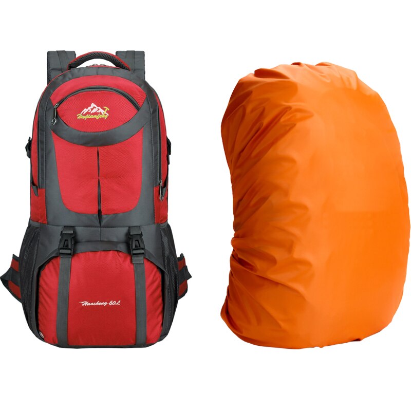 60L Outdoor Long Distance Trip Shoulders Bag Cycling Backpack Mountaineering Camping Travel Knapsack Climbing Hiking Rucksack: Red and Cover