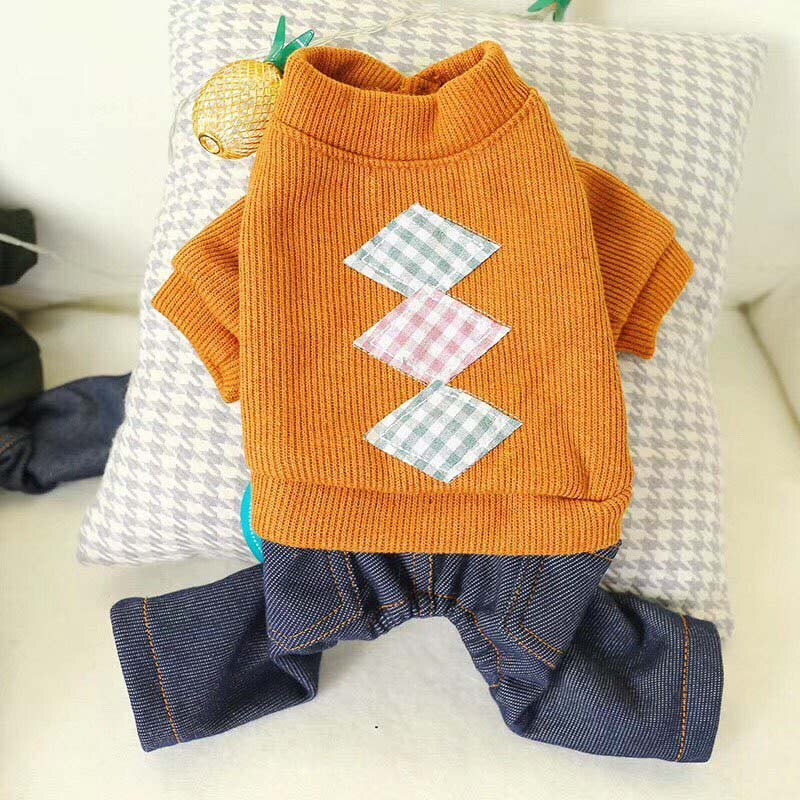 Plaid strikning pet denim jumpsuit vinter varm hund overalls til små dyr shih tzu maltesisk tøj hvalpe tøj pyjamas mops: Orange / S