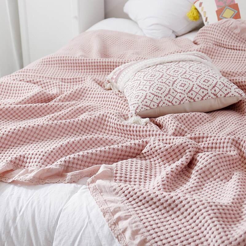 Couvre-lit en mousseline de coton gaufré, couvre-lit d&#39;été en dentelle, respirant, gris, rose, doux et , Plaid sur le lit, le canapé