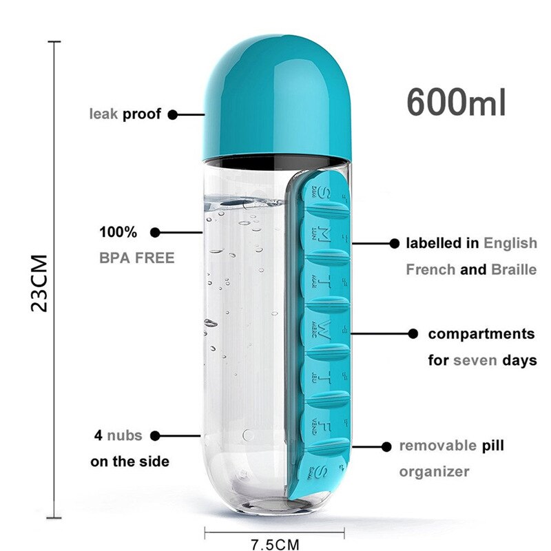 600Ml Plastic Pillendoosje Water Fles 2 In 1 Geneeskunde Organizer Drink Fles Lekvrije Shaker Outdoor Draagbare reizen Cup Mok