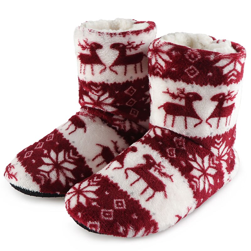Hause Hausschuhe Frauen Winter Boden Schuhe Weihnachten Elch drinnen Socken Schuhe Warme Pelz Rutschen Damen Plüsch Hausschuhe Pantoffels Damen: tief rot / 27cm (39-41)