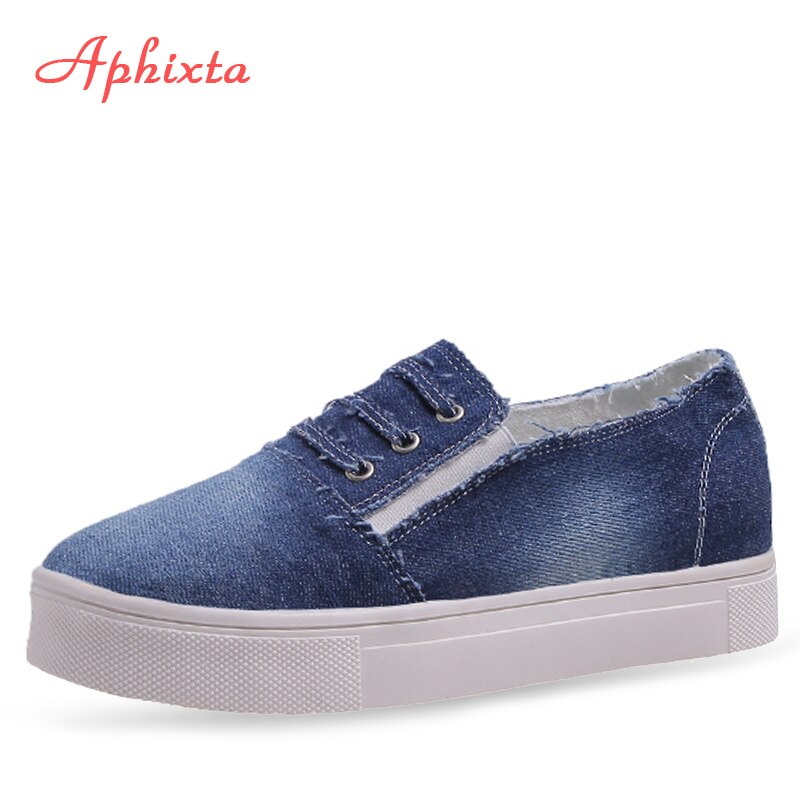 Aphixta plus stor storlek 43 denim tyg plattor skor kvinnor sneakers platt klack skor kvinna jean tyg platåklackar sko