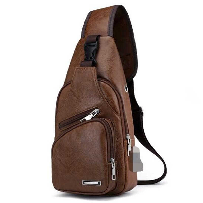 Men Shoulder Bags men's Solid Color Casual Shoulder Chest Bag USB Charging Carrying Case Bag: light brown