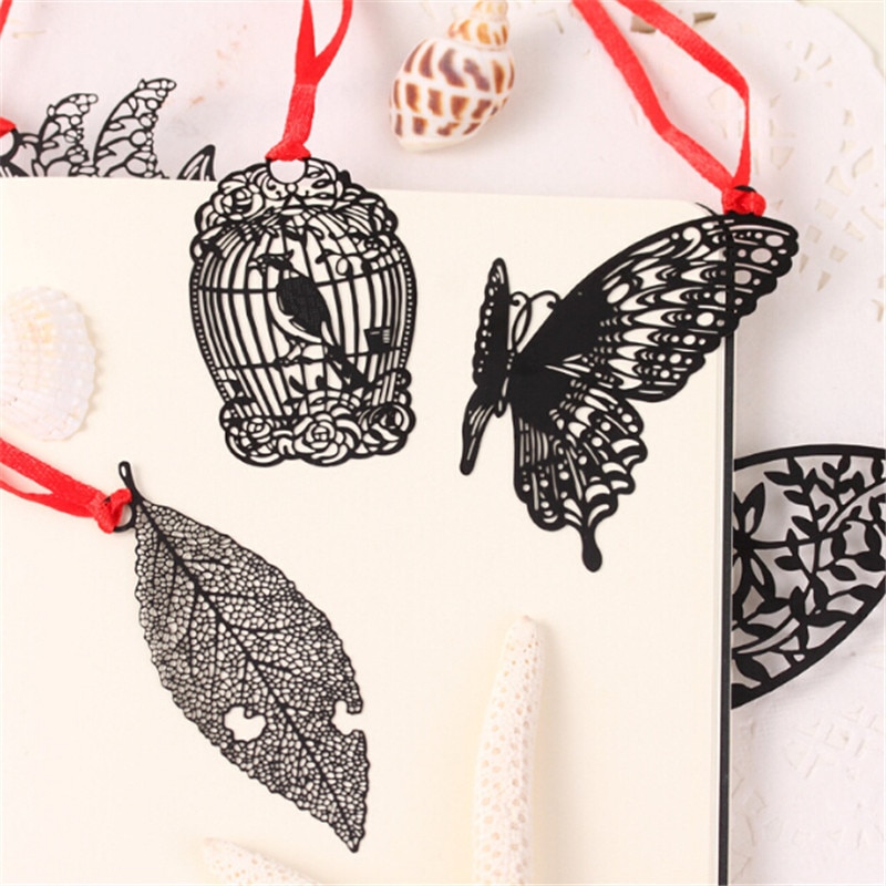 Bricolage mignon Kawaii noir papillon plume métal signet pour livre papier articles créatifs belle coréen papeterie paquet