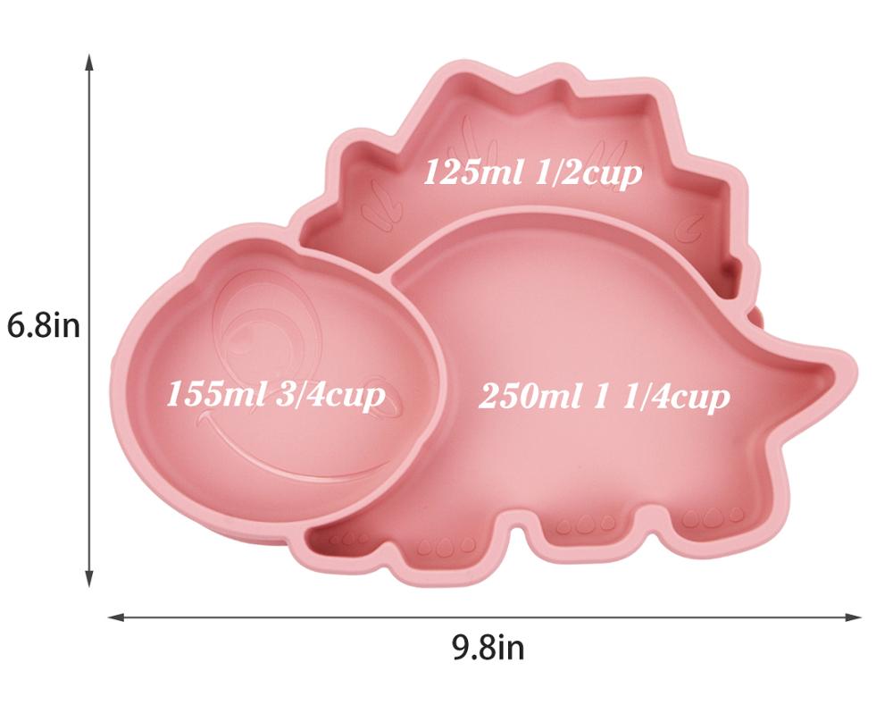 Platos de silicona de grado alimenticio platos de dinosaurio platos de cena para niños para autoalimentación de niños pequeños: Rosa