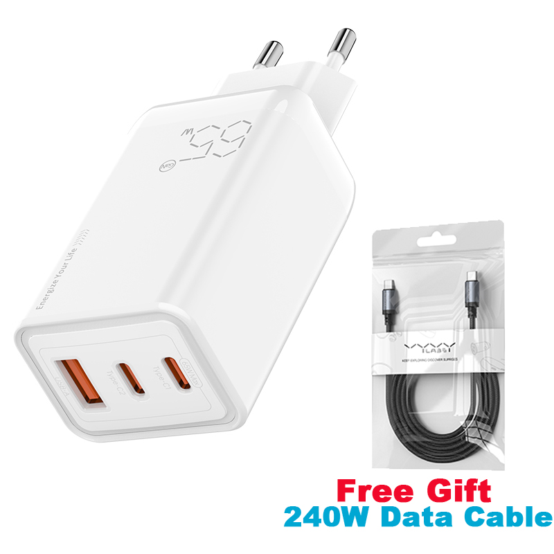 Vyvylabs 65w usb-c-oplader, gan-oplader, ondersteunt qc, pps en pd-laden, draagbare snellader voor iphone 17, 16, 15 en laptop.: Wit / Eu