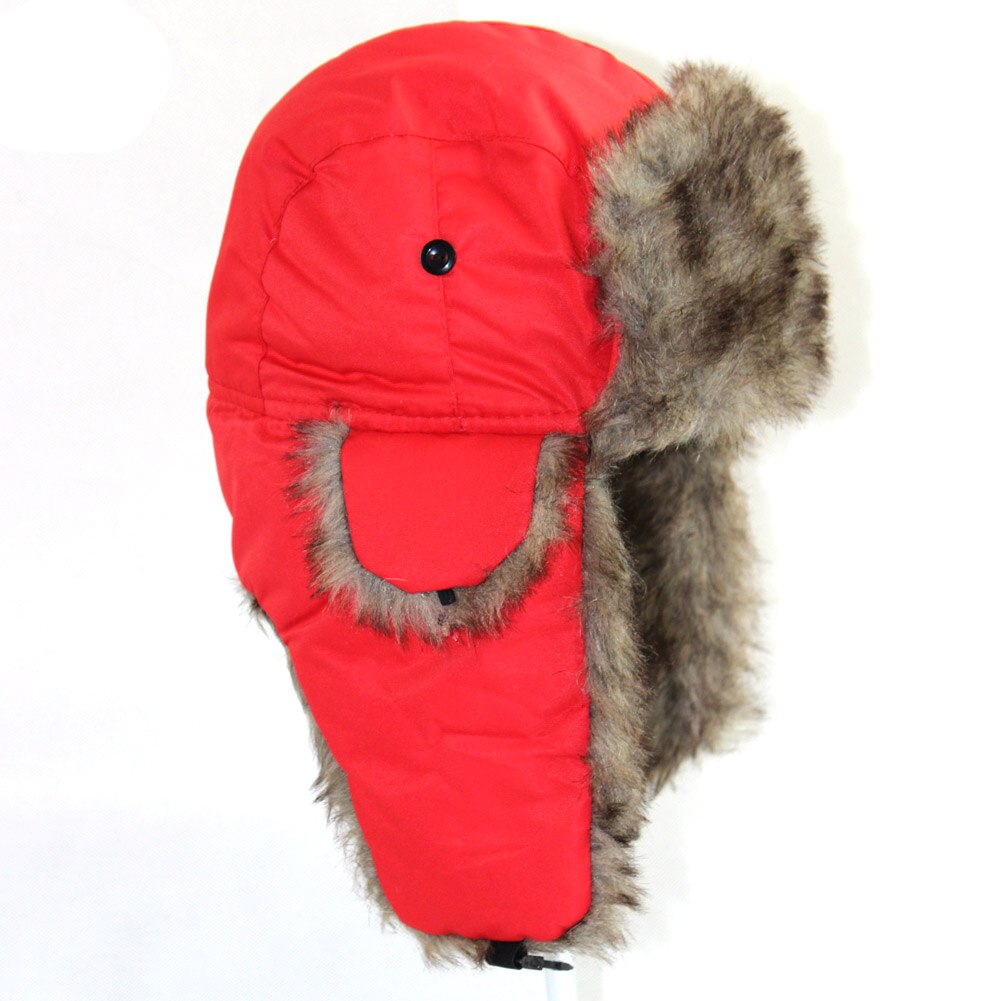 Unisex mænd kvinder russisk hat trapper bomber varm trooper øreklapper vinter ski hat solid fluffy imiteret pels kasket hovedbeklædning motorhjelm: Rød
