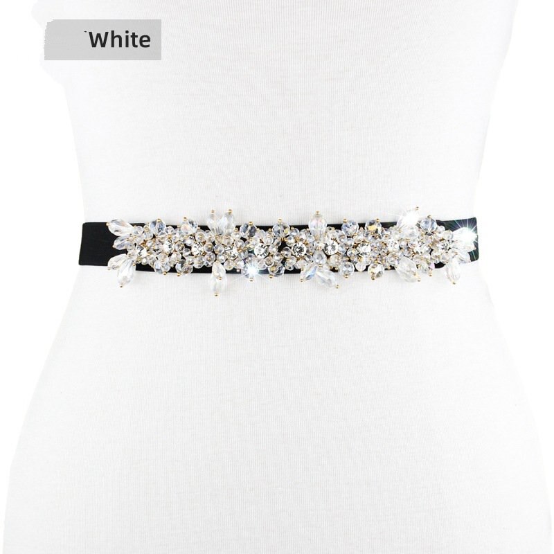 Frauen Klassische Elegante Breite Elastische strecken Taille Band mit Dekorative Strass Perlen Blume Taille Gürtel Bund B68: Weiß