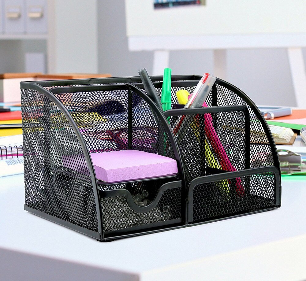 Mesh Office Desk Organizer with 6 Compartments + Drawer | The Mesh Collection, Black