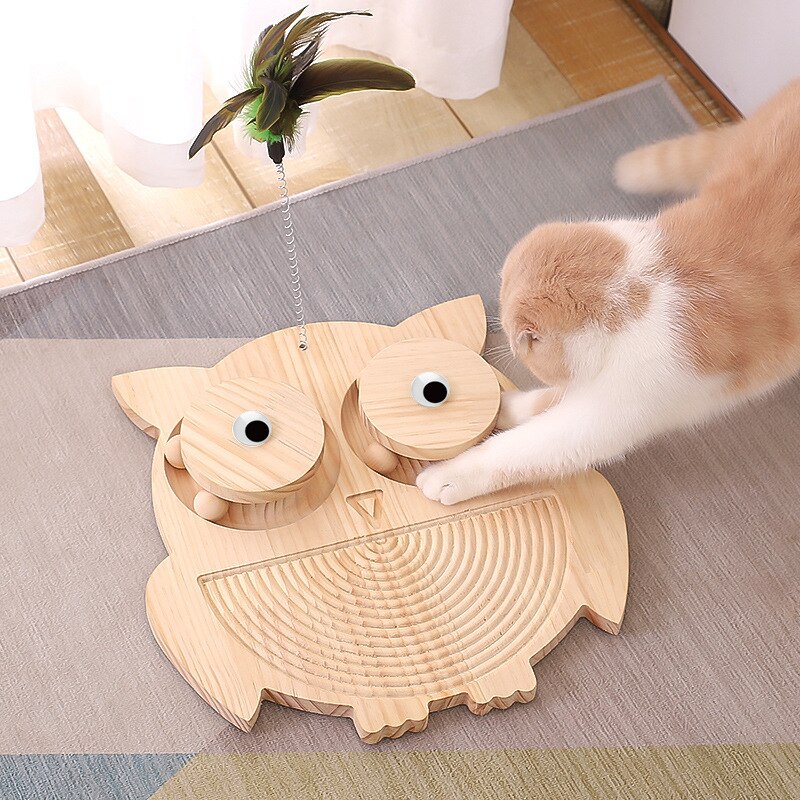 3 In1 Solid Wood Cat Scratcher Turntable Cat Scratch Board with Tracks Spinning Balls Wear-Resistant Cat Interactive Toy: Owl Cat scratcher